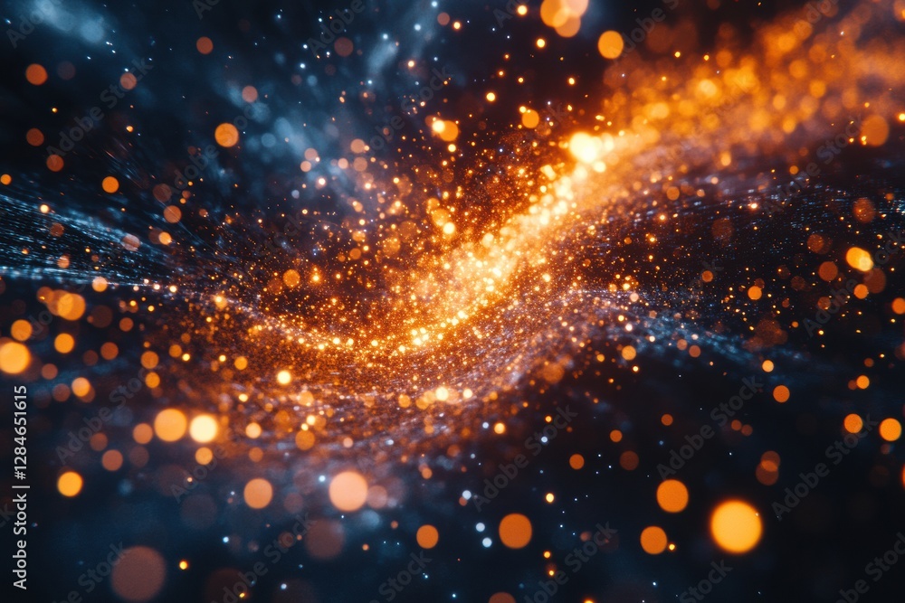 Poster visualization of gas molecules in motion with glowing atomic structures creates an energetic cosmic 