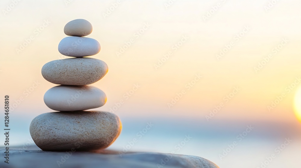 Poster serene stacked stones symbolizing balance and harmony against a tranquil sunset background : generat