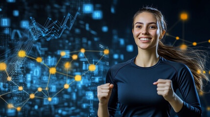 Smiling athletic woman running with futuristic data visualization in background