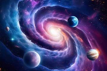Fototapeten Nebulosa en forma de espiral con constelaciones brillantes y planetas flotando alrededor © Bernardo