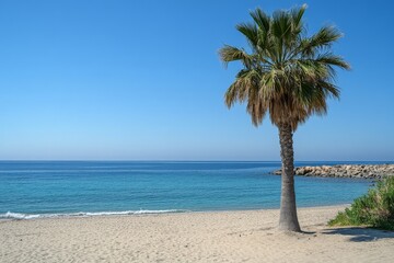 Fototapeta premium Scenic Beach View With a Palm Tree and Calm Blue Waters on a Sunny Day