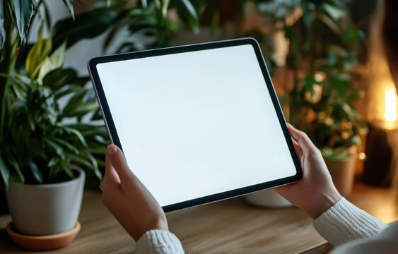 person using blank white screen digital tablet, mock up template design 
