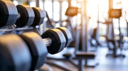 Naklejka premium Dumbbells in a modern gym setting filled with sunlight creating a vibrant atmosphere for fitness : Generative AI