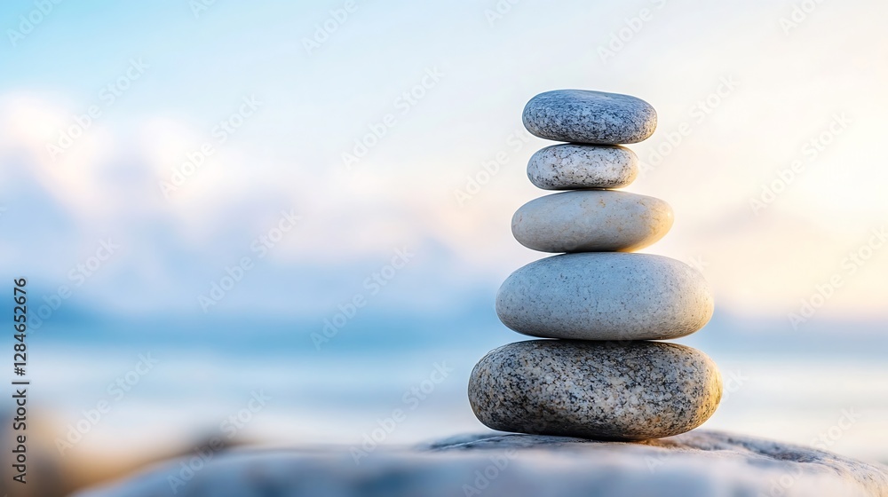 Poster serene stack of smooth stones on a tranquil beach against a soft sky for relaxation : generative ai