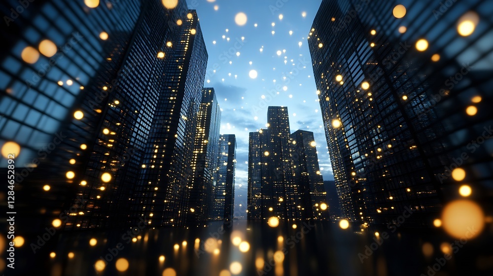 Poster stunning city skyline at dusk illuminated with bright lights and sparkling reflections : generative 
