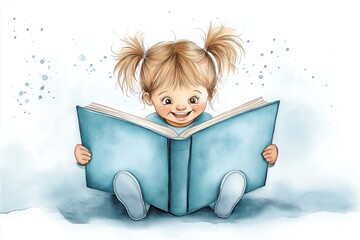 Young girl joyfully reading a large book with two playful pigtails in a cozy setting. Generative AI