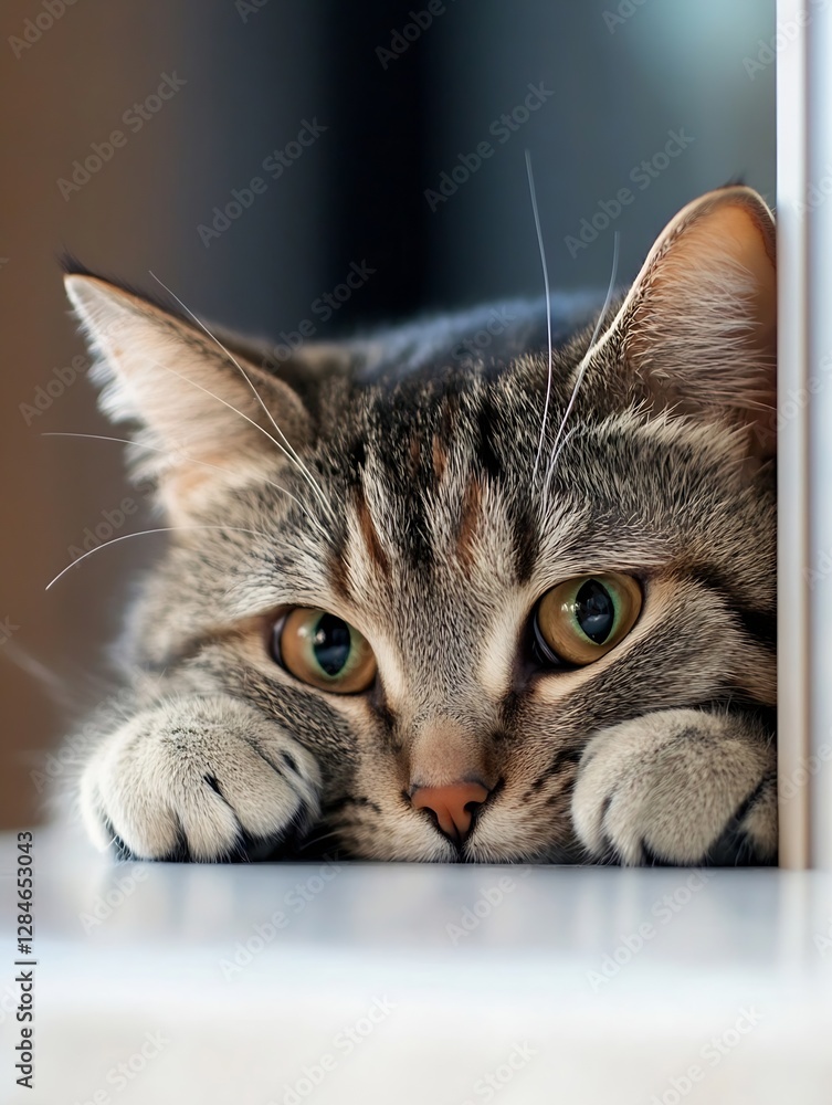 Poster adorable closeup of a playful cat with beautiful green eyes looking curiously from a corner : genera