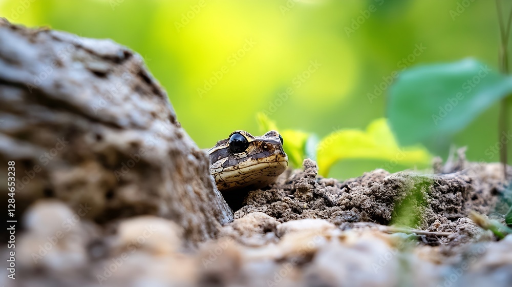 Poster close up of a brown frog hiding behind a rock in a natural green environment : generative ai