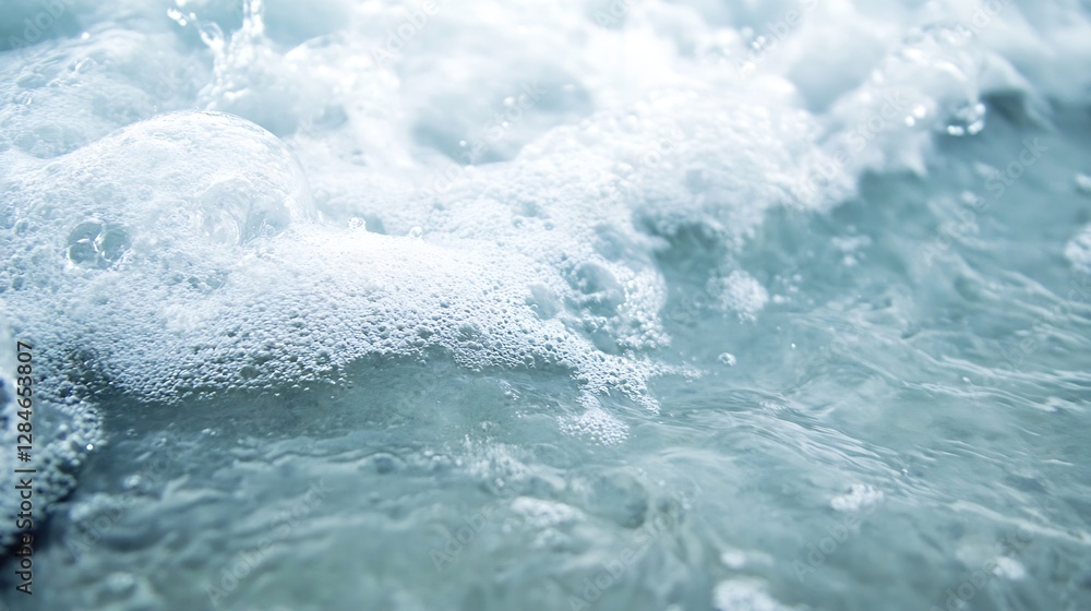 Poster gentle waves lapping on the shore captured in serene close up highlighting soothing water textures :