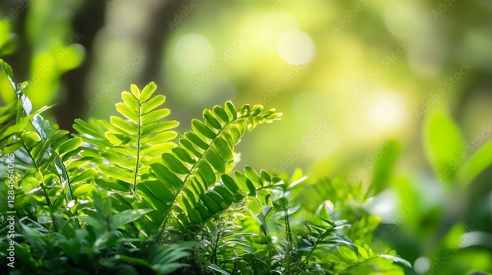 Poster lush green ferns and vibrant foliage bathed in natural light create a serene atmosphere in a forest 