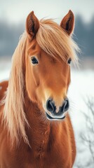 Obraz premium Close-up of a beautiful brown horse with flowing mane in a snowy landscape during winter