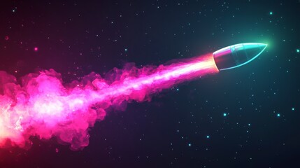 Rocket launch in space, colorful smoke, futuristic background. Possible use Science fiction, futuristic poster, advertising