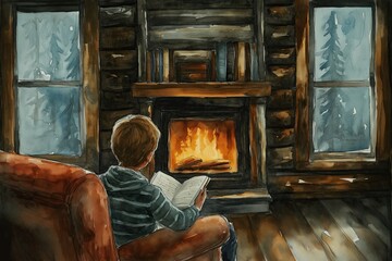 Cozy winter evening with a boy reading by the fire in a rustic cabin surrounded by snow-covered trees. Generative AI