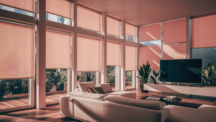 A Modern Living Room With Sleek and Vibrant White Roller Blinds Installed on Large Windows and Minimalist Furniture