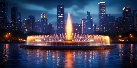 Majestic fountain illuminated at night in a vibrant city skyline