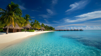 Fototapeta premium A stunning tropical beach with crystal clear turquoise waters, palm trees swaying in the breeze, and thatched-roof bungalows over the water 