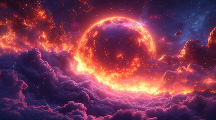 cosmic scene depicts a planet with bright light streaks, dynamic energy, and motion. Cloud layer fills the foreground with a vibrant, futuristic color palette and stunning space background