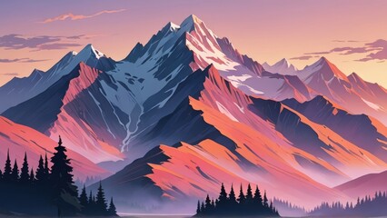 Mountain landscape with vibrant sunset hues. Scenic, stylized illustration perfect for travel, nature, or fantasy-themed projects.