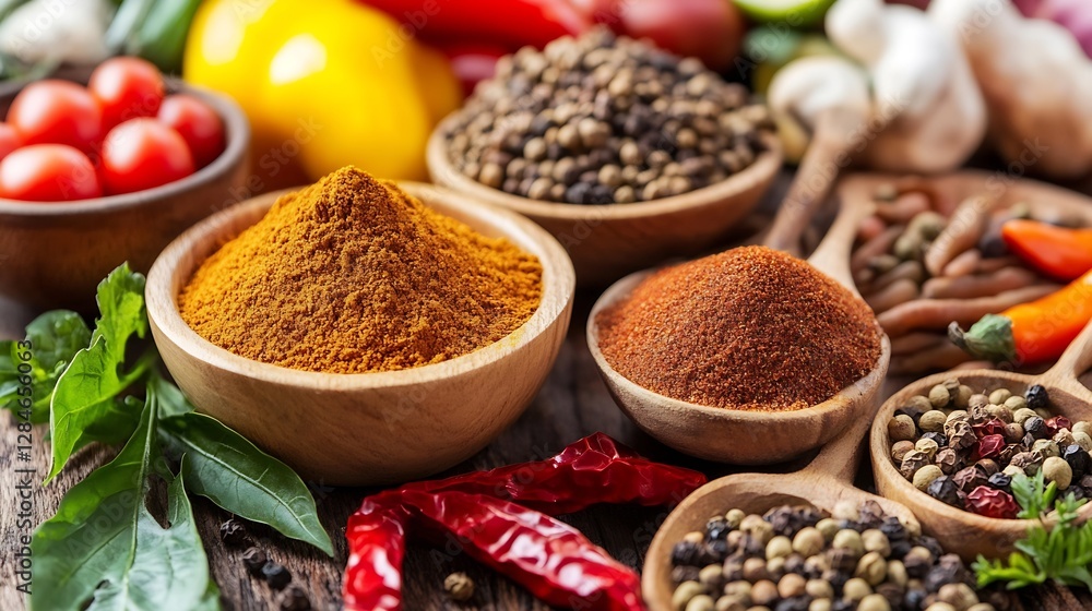 Poster artistic display of various spices and fresh ingredients perfect for culinary creations : generative