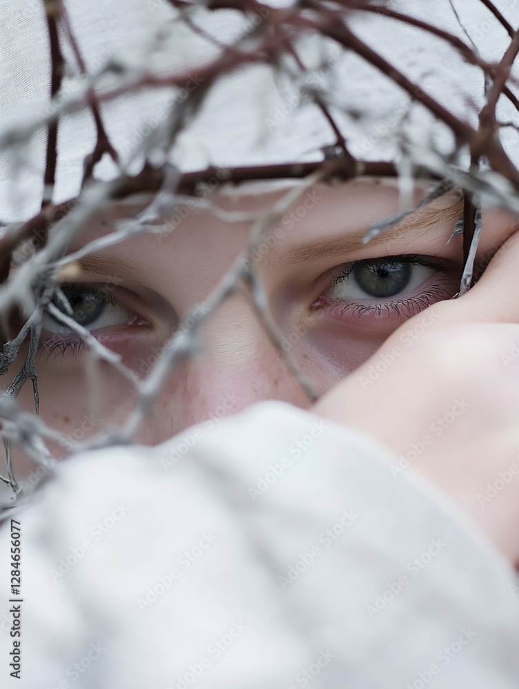Poster close up portrait revealing intense emotions of a person behind a delicate mesh of wire and branches