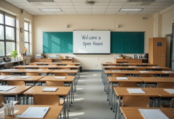 Classroom prepared for an open house with neatly arranged desks, a whiteboard displaying a welcome message, and learning materials, shot with smooth background blur and natural daylight Generative AI