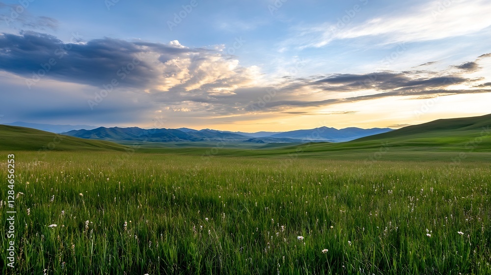 Poster scenic sunset view over vast green fields and mountains under a dramatic sky : generative ai