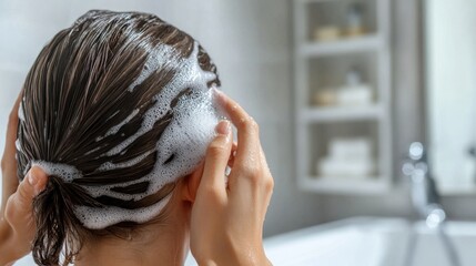Naklejka premium A woman with thinning hair using a hair regrowth serum in a calming bathroom. Featuring healing and self-care