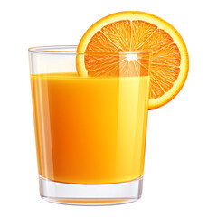 A vibrant, isolated 3D cartoon-style depiction of a refreshing glass of orange juice showcasing a perfectly sliced orange resting on its rim, set against a transparent background.