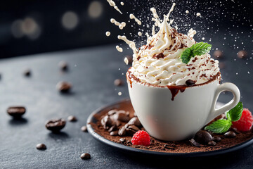 Overflowing coffee cup with whipped cream cascading dramatically, creating an indulgent and excessive look of creamy perfection and soft billowy texture