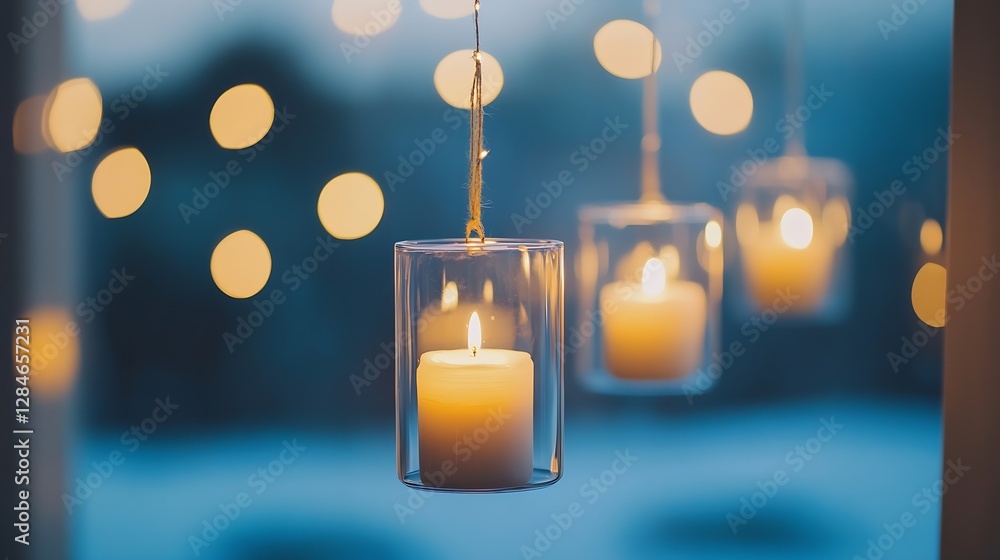 Poster elegant candles hanging in clear glass holders with warm glow against a soft background : generative