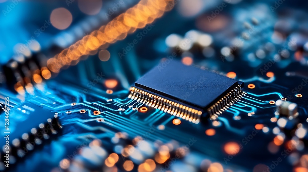 Poster Close Up of Highly Detailed Computer Circuit Board Illuminated with Bokeh Lights and Technology Inspiration : Generative AI