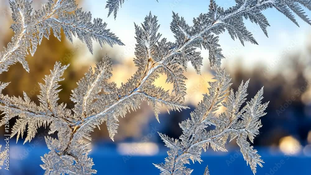 Aufkleber intricate frost patterns create a stunning natural display on branches in a winter landscape at sunr