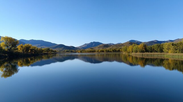 A calm lake with mountains in the background