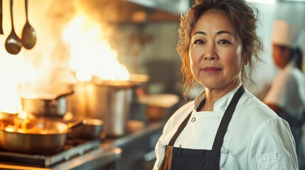 A middle-aged female chef of Asian descent stands confidently in a bustling kitchen, showcasing her culinary expertise amidst the vibrant activity and flames.