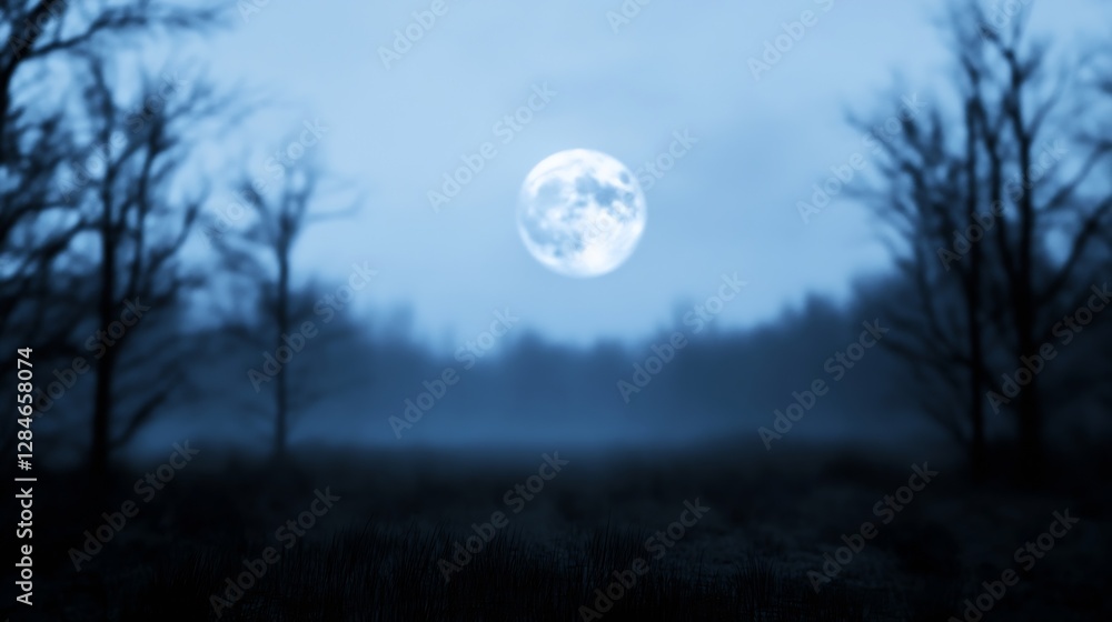 Aufkleber eerie nighttime landscape with a glowing full moon illuminating a misty forest setting in atmospheri