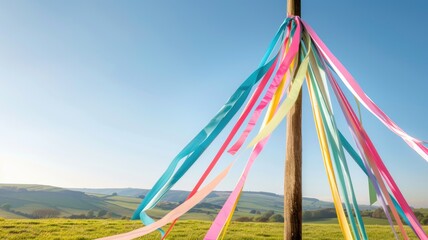 Vibrant beltane festival maypole dance in spring landscape
