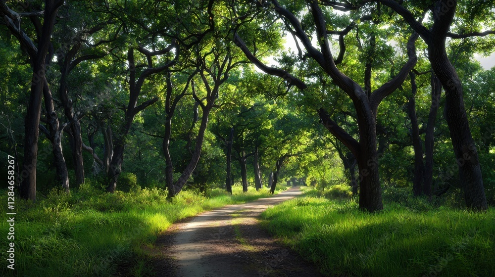 Poster a path through a forest with trees on either side