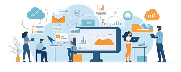 Digital transformation change management, highlighting big data, IoT, and business process strategy for customer service, cloud computing, and AI technology