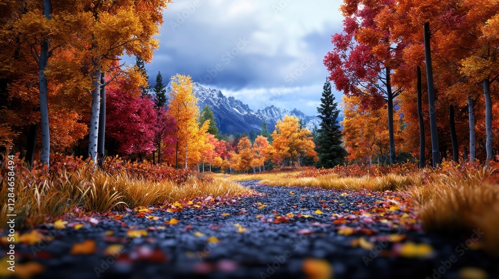 Poster a road with trees on either side and a mountain in the background