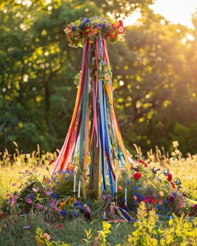 Vibrant beltane celebration maypole with colorful ribbons in sunlit field