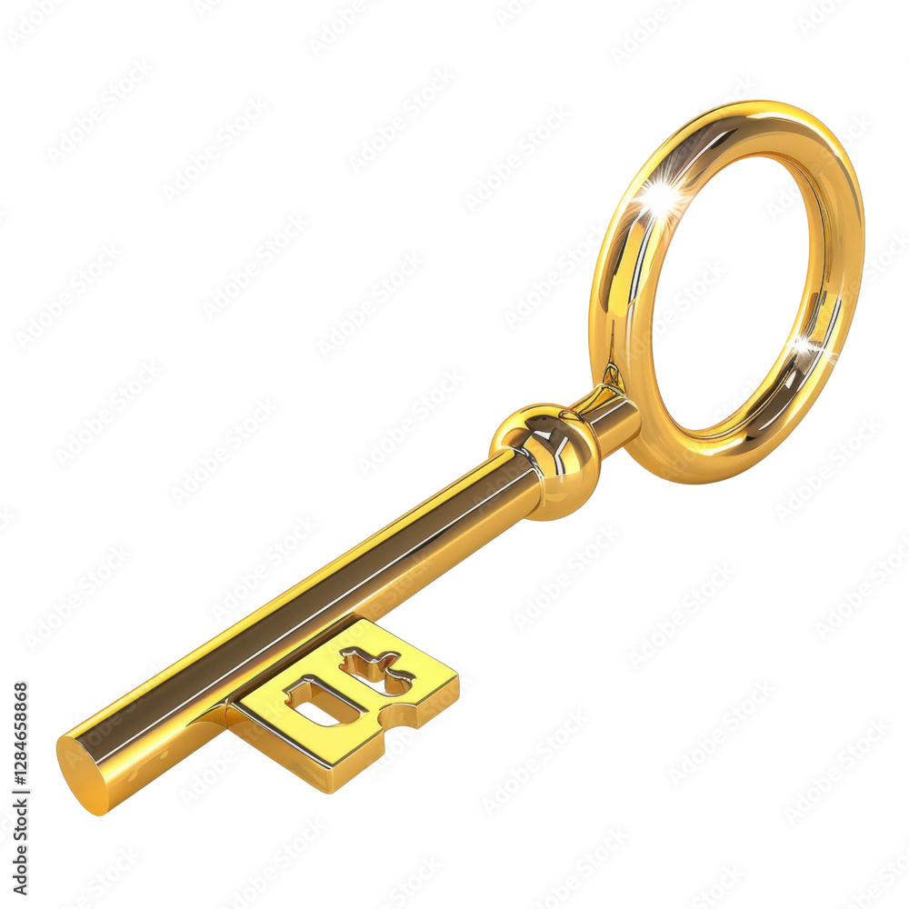 Poster shiny golden key with circular handle and detailed shaft, symbolizing access and security