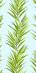 Naklejka premium Lush Green Palm Leaves Arranged in a Seamless Pattern on a Light Blue Background in a Decorative Design Perfect for Textiles and Wallpapers
