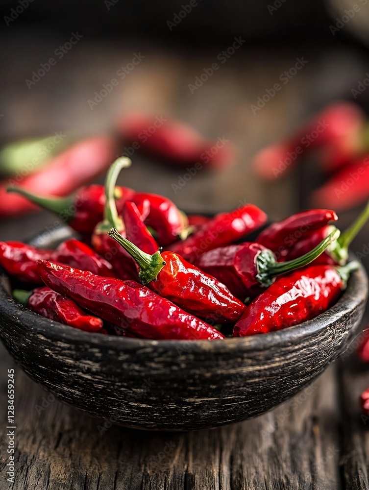 Aufkleber fresh red chili peppers piled in a rustic bowl with a natural wooden background creating a vibrant c