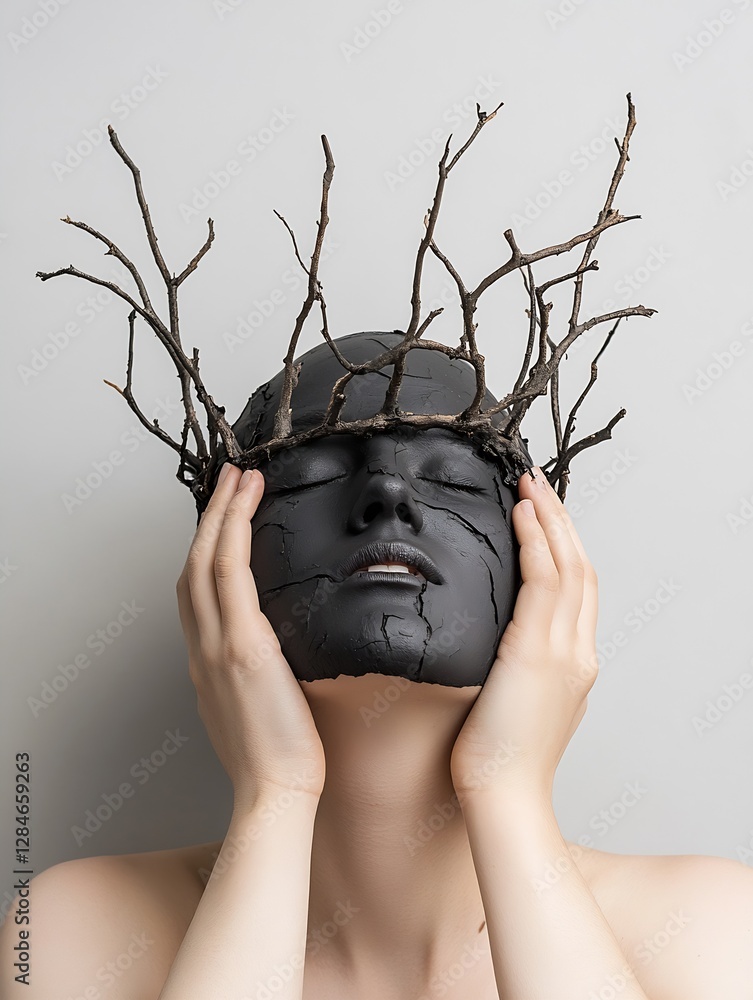 Poster artistic portrait of a person with a clay mask and twigs on their head : generative ai