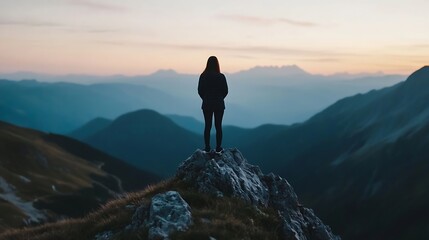 Fototapeta premium Silhouette of a person standing on a rocky mountain peak admiring the breathtaking landscape view : Generative AI