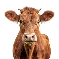 close up of brown cow with large ears and expressive eyes, showcasing its gentle nature and curiosity. cow fur is smooth and well groomed, highlighting its healthy appearance