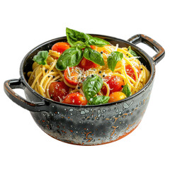 Delicious pasta with cherry tomatoes and fresh basil in rustic pot, perfect for comforting meal. vibrant colors and textures create inviting dish