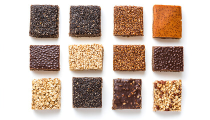 Various granola bars isolated on white background, top view. Homemade healthy snack - granola superfood bars