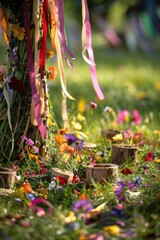 Beltane festival celebration with colorful ribbons flowers in vibrant outdoor setting for seasonal design