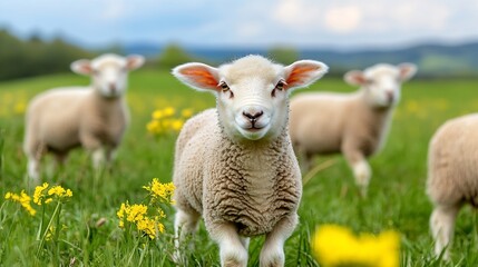 Obraz premium Cute sheep in a green meadow with bright flowers under a clear blue sky : Generative AI